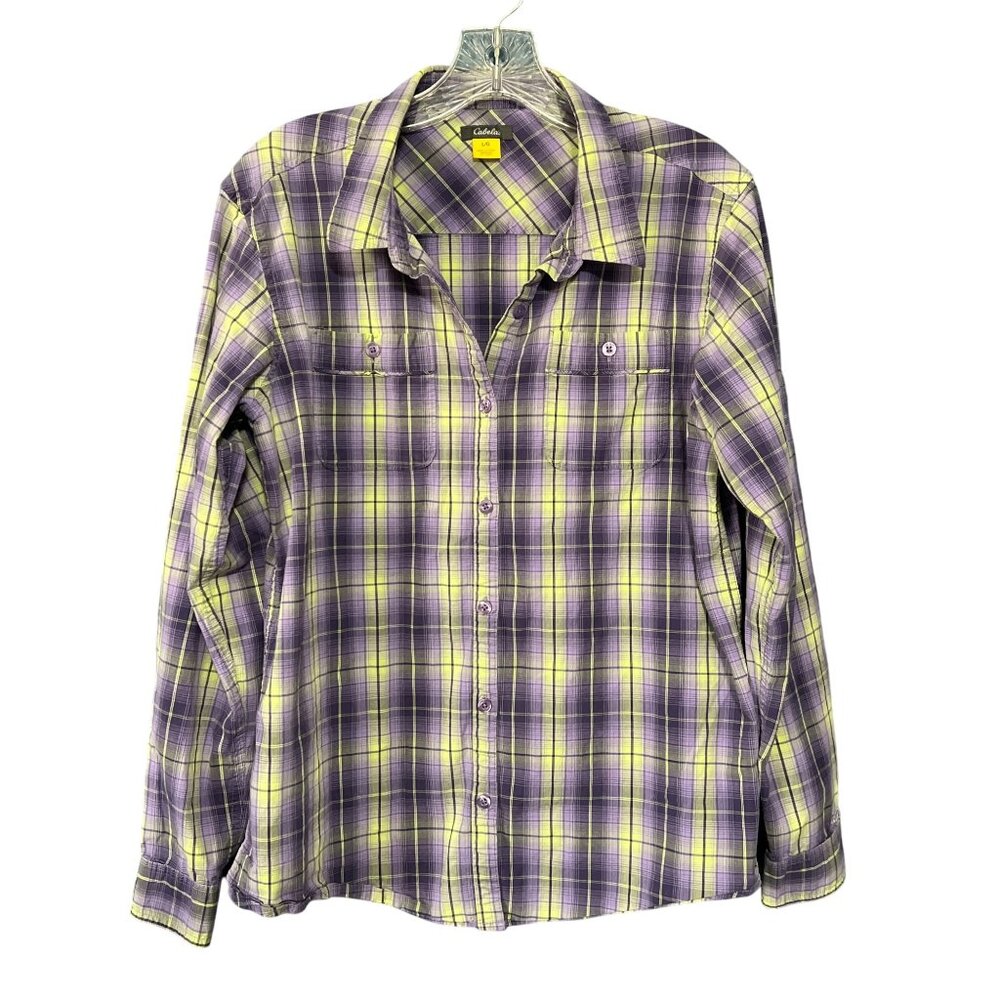Cabelas Purple & Yellow Plaid Button-Up Shirt Womens L/G